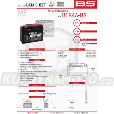 BS baterie moto BTR4A-BS (YTR4A-BS) 12V 2,3AH 113X38X85 bezúdržbový- elektrolyt přibalen (45A) (12)