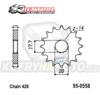 Kolečko řetězové (pastorek) 0558-14zubů Renthal 257-428-14 - Yamaha YZ85 + DT125R+DT125RE+DT125X+DT200R + TZR80+TZR125+TDR125 + XVS125 Drag Star+XVS250 Drag Star + Derbi GPR125 + Kawasaki BX125 Ninja+Z125