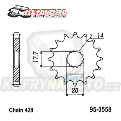 Kolečko řetězové (pastorek) 0558-14zubů Renthal 257-428-14 - Yamaha YZ85 + DT125R+DT125RE+DT125X+DT200R + TZR80+TZR125+TDR125 + XVS125 Drag Star+XVS250 Drag Star + Derbi GPR125 + Kawasaki BX125 Ninja+Z125