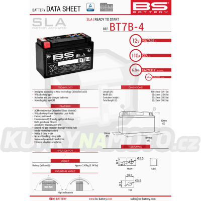 BS baterie moto BT7B-4 (FA) (YT7B4) 12V 6,5AH 148X64X90 bezúdržbový - naplněný (85A) (8)