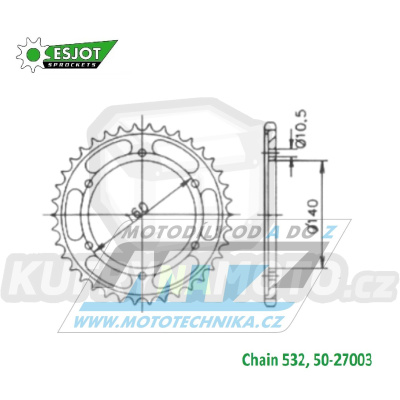 Rozeta ocelová (převodník) 27003-45zubů ESJOT 50-27003-45 - Kawasaki ZX10 1000 Tomcat+ZX1000 B1-B3 Ninja / 88-90