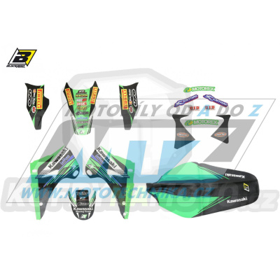 Polepy s potahem sedla (sada polepů a potah sedla Graphics) - Kawasaki KX65 / 00-23 - typ polepů Replica Kawasaki Racing Team (KRT)