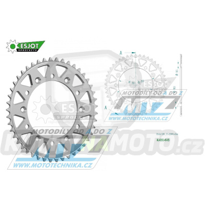 Rozeta řetězová (převodník) Dural 0251-45zubů ESJOT 51-32001-45 - barva stříbrná - Yamaha YZ125+YZ250 + YZF250+YZF400+YZF426+YZF450+YZF450X + WRF250+WRF400+WRF426+WRF450 + TTR230 + Honda XR250+XR350+XR500 + XL250+XL400+XL500