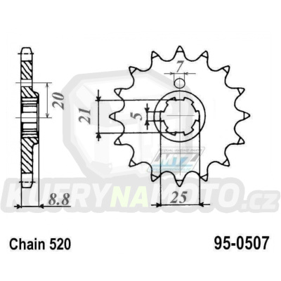 Kolečko řetězové (pastorek) 0507-14zubů MTZ - Kawasaki KX250+KX420+KX500 + Kawasaki KDX250+KDX400+KDX450+KE250 + KLT200+KXT250 Tecate + Husqvarna CR250+CR360 + WR250+WR360 + Cagiva WMX250