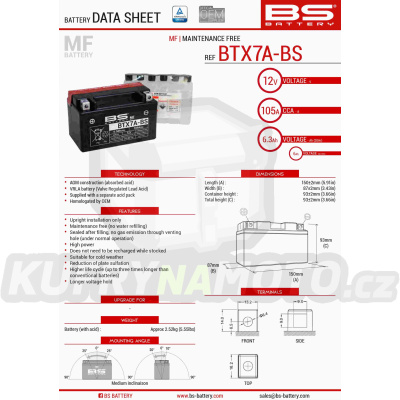 BS baterie moto BTX7A-BS (YTX7A-BS) 12V 6AH 152X88X94 bezúdržbová - elektrolyt přibalen (90A) (6)