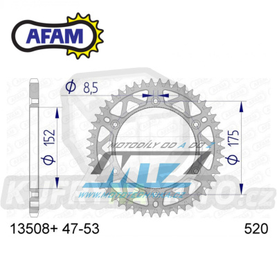 Rozeta řetězová (převodník) Dural 0853-47zubů AFAM 13508-47 - Yamaha YZ100+YZ125+YZ250 +YZ465+YZ490+DT200R+ SR500+IT175+IT200+IT250+IT400+ IT465+IT490+TT350 + WR125 +WR250+WR400+WR500+YFM350X Warrior+YFM660R Raptor + Kreidler 170 Mustang Utility