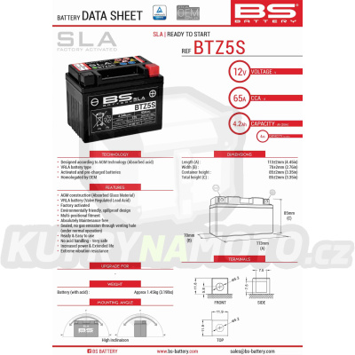 BS baterie moto BTZ5S (FA) (YTZ5S) 12V 4AH 113X70X85 bezúdržbový - naplněný (65A) (8)