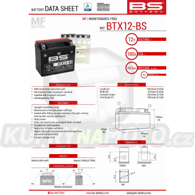 BS baterie moto BTX12-BS (YTX12-BS) 12V 10AH 152X88X131 bezúdržbový - elektrolyt přibalen (180A) (4)