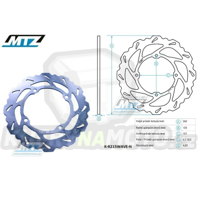 Kotouč brzdový MTZ nerezový - zubatý desing Wave - Kawasaki KX125 / 03-08 + KX250 / 03-08 + KXF250 / 04-19+21-24 + KXF450 / 06-18 + KLX450R / 08-21 + Suzuki RMZ250 / 04-06