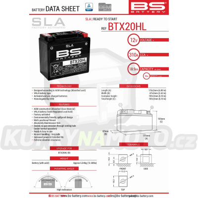 BS baterie moto BTX20HL (FA) (YTX20HL-BS) 12V 18AH 175X87X155 bezúdržbový - naplněný (270A) (4)