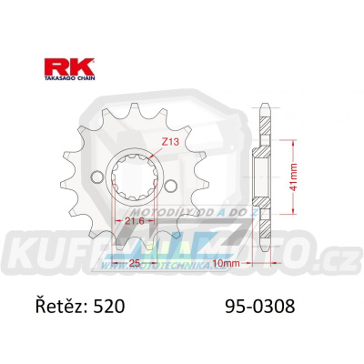 Kolečko řetězové (pastorek) 0308-13zubů RK - Honda FMX650 + FX650 Vigor + SLR650X + NX650 Dominator + SLR650V + Aprilia 650 Pegaso + Derbi 659 Mulhacen + Suzuki GSX-R1100 + Yamaha MT035 + XT660R + XTZ660Z Tenere