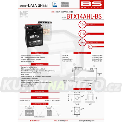 BS baterie moto BTX14AHL-BS (YTX14AHL-BS) (133X90X164) 12V 12AH bezúdržbový - elektrolyt přibalen (210A) 4
