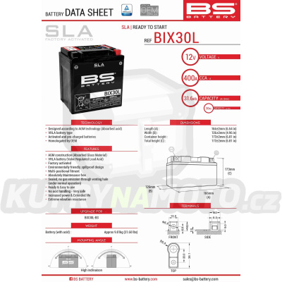 BS baterie moto BIX30L (FA) (YTX30L) 12V 30AH 166X125X175 bezúdržbový - naplněný (385A) (2)