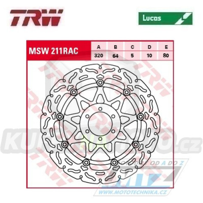 Kotouč brzdový plovoucí TRW MSW211RAC (320/64/6D) - zubatý design - Aprilia+Benelli+Bimota+BMW+Cagiva+Ducati+KTM+Laverda+Morini+Moto Guzzi+Voxan+Yamaha