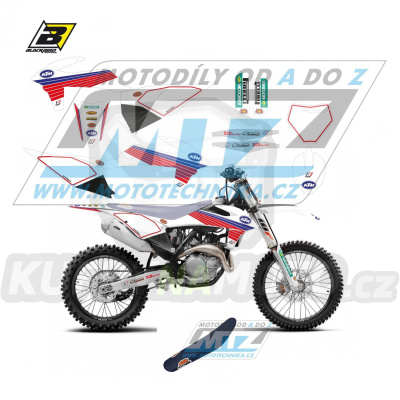 Polepy s potahem sedla včetně polepů číslových tabulek (sada polepů a potah sedla Complete) - KTM EXC / 20-23 + SX+SXF / 19-22 - typ polepů Retro