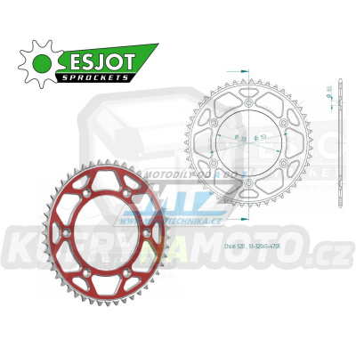 Rozeta řetězová (převodník) Dural 0210-47zubů ESJOT 51-32045-47SR - barva červená - Honda CR125+CR250+CR500 + CRF250R+CRF250X+CRF450R+CRF450X+CRF450RX+CRF450L + CRM250+CRF150F + CRF230F / 03-21 + XR250S+XL250S+XL250 + XR250R+XR400R / 96-04 + XR650R /