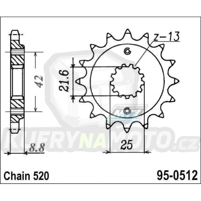 Kolečko řetězové (pastorek) 95-0512-15zubů MTZ - Kawasaki BJ Estrella 250 + GPZ400 + ZX400 + EN500 Vulcan + EN500 Vulcan 500 Ltd + GPZ500S + KLE500 + ZR550 Zephyr + ER500 + Suzuki RG400EW + SV400 + Yamaha YZF600R