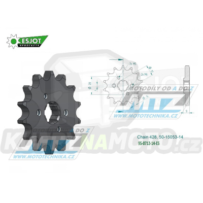 Kolečko řetězové (pastorek) 0712-14zubů ESJOT 50-15053-14 - Aprilia 125 RS4 + 125SX+125RX+125Tuono + Derbi 125 DRD + Malaguti 125 RST+125 Monte Pro + Mondial 125 HPS+125i Enduro SMX CBS