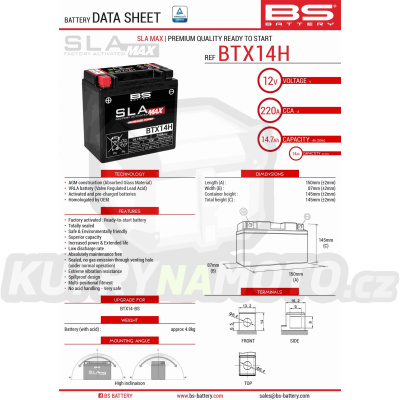 BS baterie moto BTX14H MAX (FA) (YTX14-BS) 12V 14AH 150X87X145 bezúdržbový - naplněný (zvětšený proud startovací) (220A)