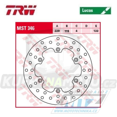 Kotouč brzdový TRW MST346 (220/115/6D) - Yamaha DT125R / 88-03+TDR125 / 89-01+WR125 / 89-97+YZ125 / 88-97+WR200R+TT250R + WR250 / 90-97+YZ250+YZ360+WRF400+YZF400 / 98-00+WR500Z+TT600 / 93-01+TT600R / 98-07 + TM GS-MC125 + VOR MX-EN