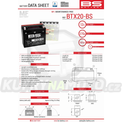 BS baterie moto BTX20-BS (YTX20-BS) 175X87X155 bezúdržbový - elektrolyt přibalen (270A) (2)