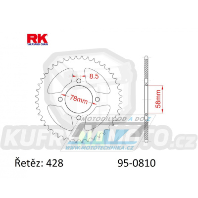 Rozeta ocelová (převodník) 0810-46zubů RK - Suzuki B120 + GN125 + GS125 + GT125 + RG80 + TU125 XT + Kawasaki KC100 + KH125A + HMZ GS125 + 125 V2 Chopper + Hyosung 125 Cruise II + GA125 Cruise II + 125 Cruise I + GV125 C Aquila + Jincheng 125 Abila