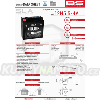BS baterie moto 12N5,5-4A (FA) (12N5,5-4A) 12V 5,5AH 138X61X131 bezúdržbový - naplněný (70A) (6)