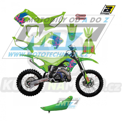 Polepy s potahem sedla včetně polepů číslových tabulek (sada polepů a potah sedla Complete) - Kawasaki KX125+KX250 POLISPORT / 03-08 - typ polepů Retro