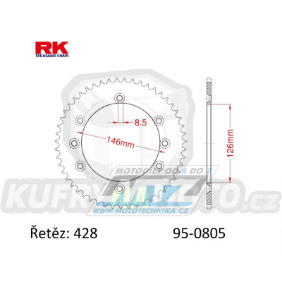 Rozeta ocelová (převodník) 0805-52zubů RK - Suzuki DR125 SM / 08-13 + TSX125 LC (TS125X) / 84-91 + TSR125 (TS125RK) / 89 + TSR125 (TS125R) / 90-96 + RM100 / 79-82