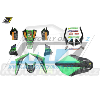 Polepy s potahem sedla (sada polepů a potah sedla Graphics) - Kawasaki KXF250 / 09-12 - typ polepů Replica Kawasaki Racing Team (KRT)