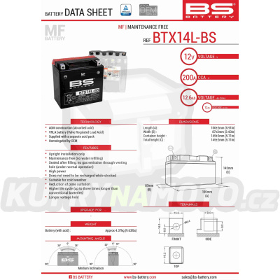 BS baterie moto BTX14L-BS (YTX14L-BS) 150X87X145 bezúdržbový- elektrolyt přibalen (4)