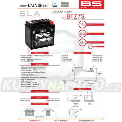 BS baterie moto BTZ7S (FA) (YTZ7S) 12V 6AH 112X69X103 bezúdržbový - naplněný (130A) (8)