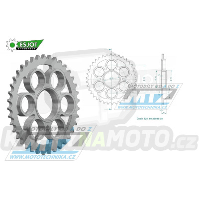 Rozeta ocelová (převodník) 29039-38zubů ESJOT 50-29039-38 - Ducati 1098R / 07-09 + 1098S / 07-10 + 1098 Streetfighter S & USA / 09-13 + 1198R Corse SE / 10-12 +1200 Diavel (ABS) / 11-18 + 1260 Diavel ABS (All, Lamborghini etc.) / 18-21