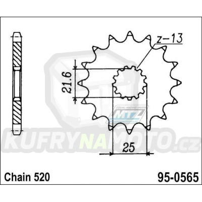 Kolečko řetězové (pastorek) 0565-14zubů MTZ - Yamaha YZ250+YZF450+YZF400+YZF426 + WRF400+WRF426+WRF450 + TDR250+TRZ250+TT500+XT500 + MT03-YZF-R3+YZF-R25 + YFZ450+YFM660R Raptor + Kawasaki ER6F+ER6N+W800+Z650 + KLE650 Versys+EX650 Ninja + Suzuki SV650