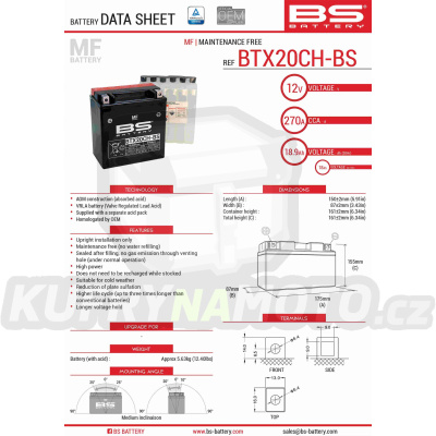BS baterie moto BTX20CH-BS (YTX20CH-BS, YTX20A-BS) 12V 18AH 150X87X161 bezúdržbový - elektrolyt přibalen (270A) (2)