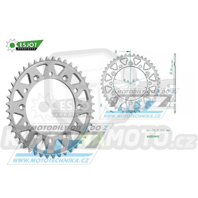 Rozeta řetězová (převodník) Dural 0251-44zubů ESJOT 51-32001-44 - barva stříbrná - Yamaha YZ125+YZ250 + YZF250+YZF400+YZF426+YZF450+YZF450X + WRF250+WRF400+WRF426+WRF450 + TTR230 + Honda XR250+XR350+XR500 + XL250+XL400+XL500