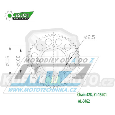 Rozeta řetězová (převodník) Dural 0462-54zubů ESJOT 51-15201-54 - Kawasaki KX80 + KX85 + KX100 + KX140 + Suzuki RM100K3