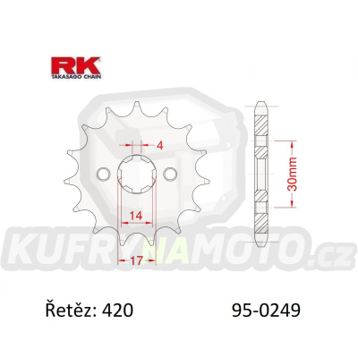 Kolečko řetězové (pastorek) 0249-15zubů RK - Kawasaki KLX110 + KLX110L + AE50 + AR50A1 + AE80 + MAX100 + Honda ST50 + 125 Supra-X + ANF125 Innova + C125 + Suzuki DRZ110 + Kymco 110 Visa-R + 125 Jetix