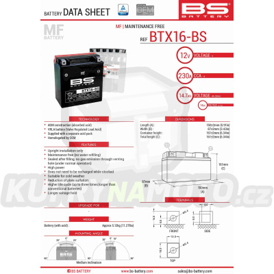 BS baterie moto BTX16-BS (YTX16-BS) 12V 14AH 152X88X161 bezúdržbový - elektrolyt přibalen (230A) (4)