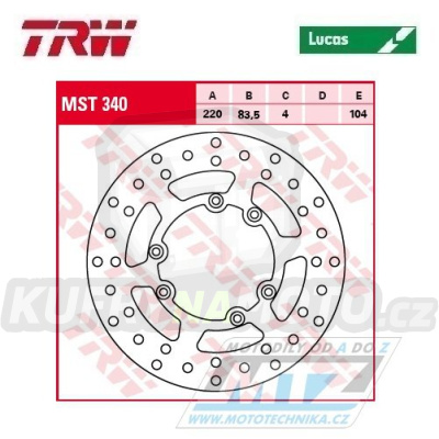 Kotouč brzdový MST340 (220/83,5/6D) - KTM 125EXC+125EGS / 88-91 + 125SX+125MX / 88-91 + 250EXC+250EGS / 90-91 + 250MX+GS250 / 88-91 + 300EGS+300EXC+MXC300 / 90-91 + 350GS / 89-91 + 500MX+500GS / 89-91
