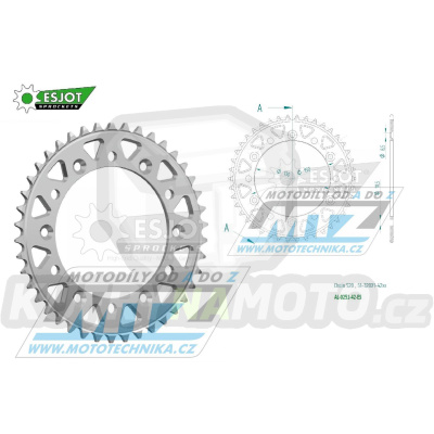 Rozeta řetězová (převodník) Dural 0251-42zubů ESJOT 51-32001-42 - barva stříbrná - Yamaha YZ125+YZ250 + YZF250+YZF400+YZF426+YZF450+YZF450X + WRF250+WRF400+WRF426+WRF450 + TTR230 + Honda XR250+XR350+XR500 + XL250+XL400+XL500