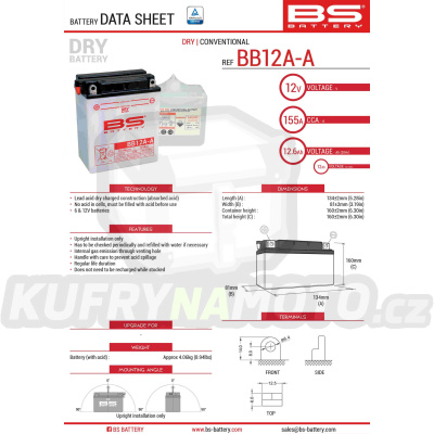 BS baterie moto BB12A-A (YB12A-A) 12V 12AH 134X81X160 s elektrolytem v balení - konvenční (155A) (4)