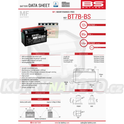 BS baterie moto BT7B-BS (YT7B-BS) 12V 6,5AH 150X65X93 bezúdržbový - elektrolyt přibalen (85A) (8)
