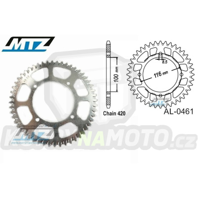 Rozeta řetězová (převodník) Dural 0461-52zubů MTZ stříbrná - Kawasaki KX80 / 86-00 + KX85 / 01-20 + KX100 / 95-21