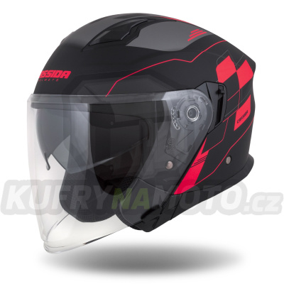 přilba Jet Tech RoxoR, CASSIDA (černá matná/červená fluo/šedá)