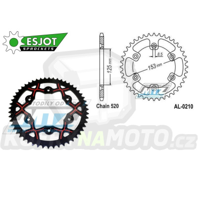 Rozeta řetězová (převodník) Dural 0210-52zubů ESJOT 53-32045-52BR - barva černo-červená - Honda CR125+CR250+CR500 + CRF250R+CRF250X+CRF450R+CRF450X+CRF450RX+CRF450L + CRM250+CRF150F + CRF230F / 03-21 + XR250S+XL250S+XL250 + XR250R+XR400R / 96-04 + XR