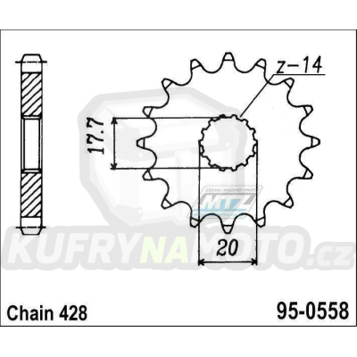 Kolečko řetězové (pastorek) 0558-17zubů MTZ - Yamaha YZ85 + DT125R+DT125RE+DT125X+DT200R + TZR80+TZR125+TDR125 + XVS125 Drag Star+XVS250 Drag Star + Derbi GPR125 + Kawasaki BX125 Ninja+Z125