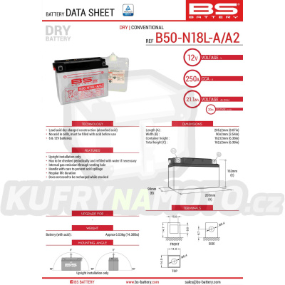 BS baterie moto B50-N18L-A/A2 (Y50-N18L-A/A2) 12V 20AH 205X90X162 s elektrolytem v balení- konvenční 250A (2)