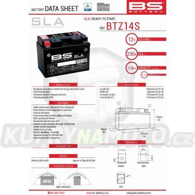 BS baterie moto BTZ14S (FA) (YTZ14S) 12V 11,2AH 150X86X110 bezúdržbový - naplněný (230A) (4)