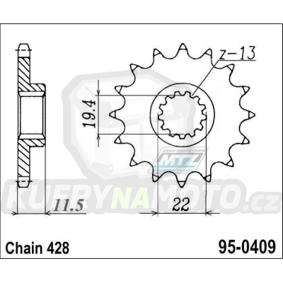Kolečko řetězové (pastorek) 0409-16zubů MTZ - Kawasaki KLX125A + KLX125L + Suzuki DRZ125 + DRZ125L + DR125S Raider + DR125 + DR125SE